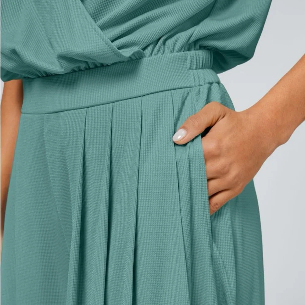 V Neck Short Sleeve Side Pocket Wide Leg Flowy Waffle Casual Jumpsuit Canton L - Picture 5 of 12
